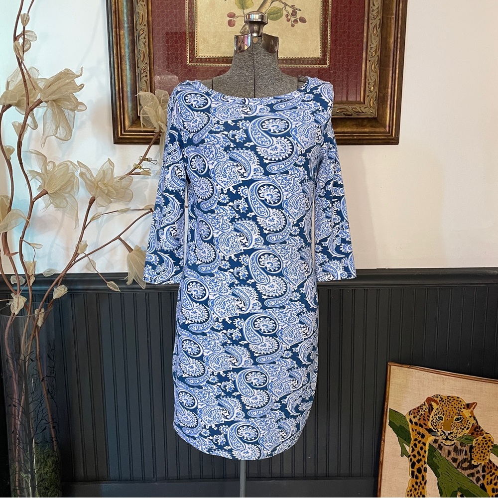 Gretchen Scott Magpie Plentiful Blue Paisley Boat Neck Dress Sz 0/2 Shrimp 💚🎀